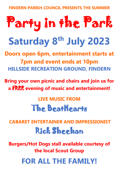 Poster showing details of a summer event to take place in Findern on the evening of 8 July 2023