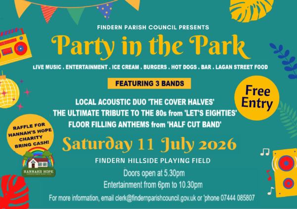 Poster advertising Party in the Park event on 11 July 2026. Venue is Findern Hillside Playing Field. Event starts at 6pm and finishes at 10.30pm with 3 bands playing.